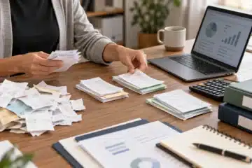Business owner working through overdue bookkeeping records