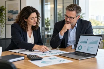 Business owner and financial professional reviewing financial reports